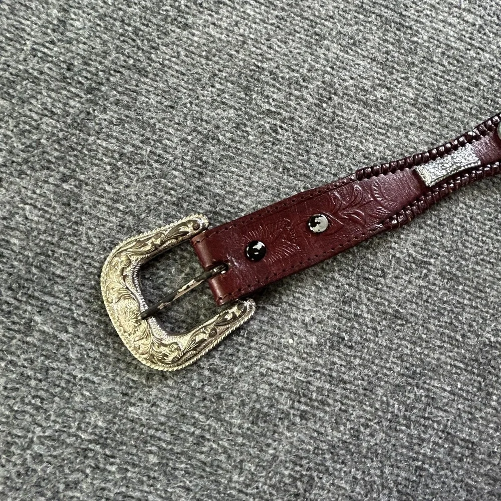 Brown Tooled Leather Western Belt Mens 34 Concho Silver Buckle Floral Laced VTG